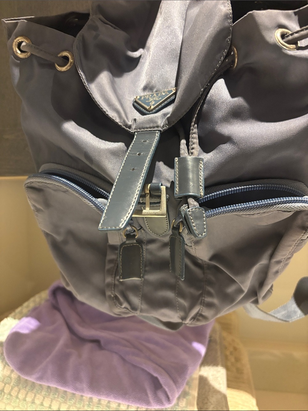 Prada Gray Nylon Drawstring Backpack with Leather Trim